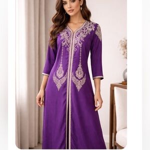 MOROCCAN Kaftan Jeweled Embroidered Mauve Pink Midi Dress S